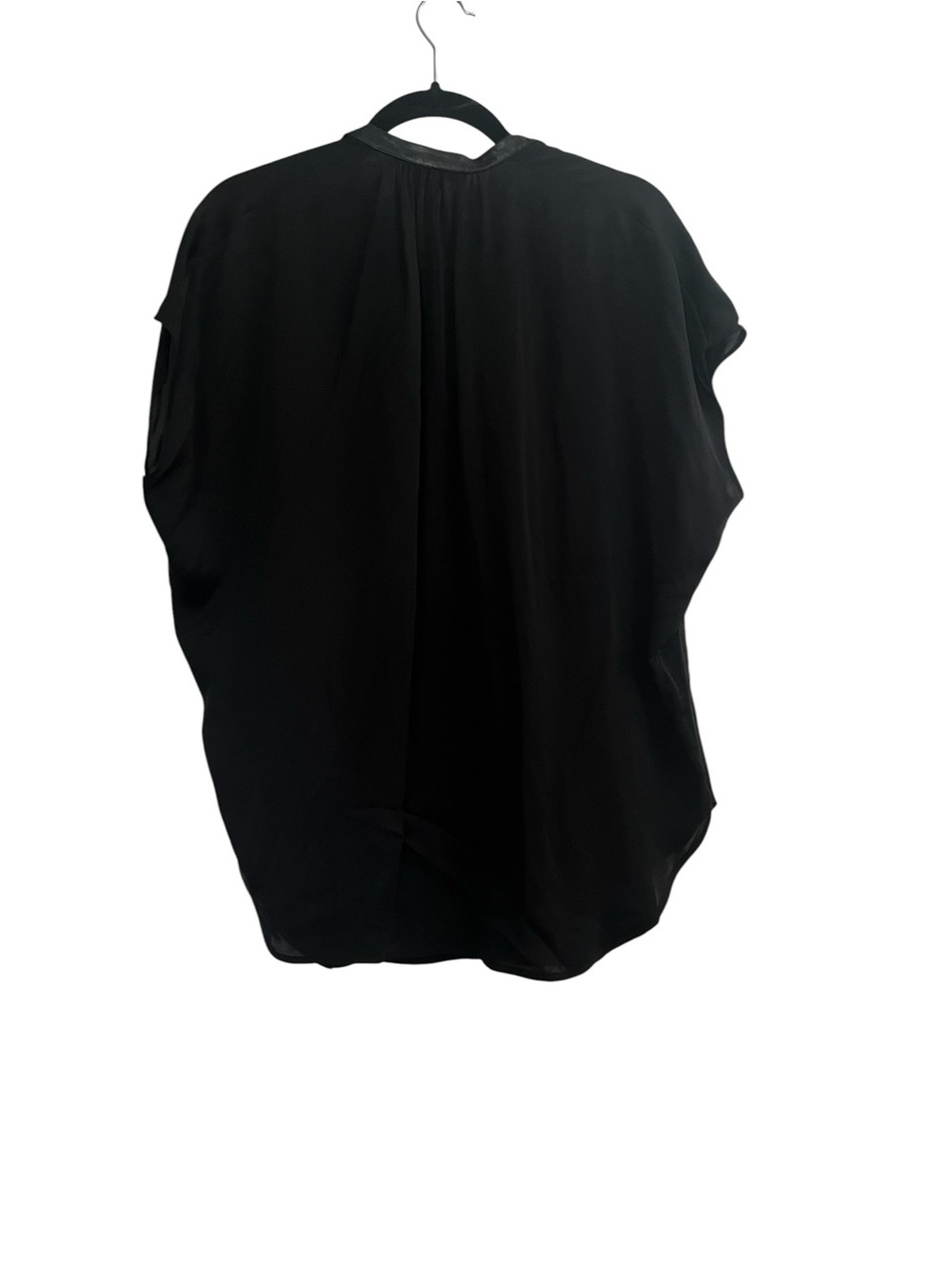 VINCE Luxury Black Silk Leather Trim Split-Neck Short Sleeve Blouse M - Picture 6 of 6